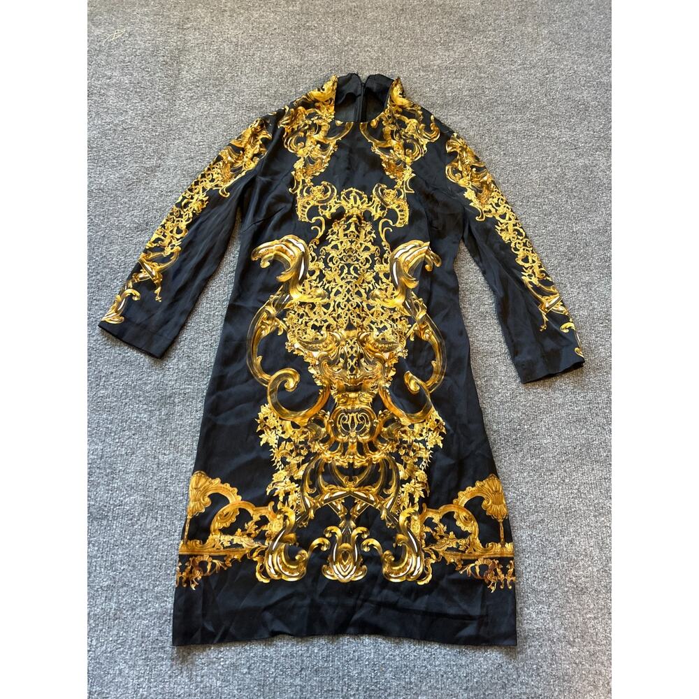 Just Cavalli Silk Baroque Black Gold Long Sleeve Elegant Cocktail Sheath Dress - Picture 5 of 13